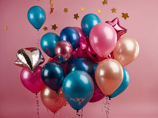 Obraz premium A bouquet of balloons in assorted colors on a pink background.