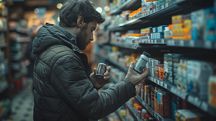a man is looking at a bottle of pills in a grocery store - obrazy, fototapety, plakaty