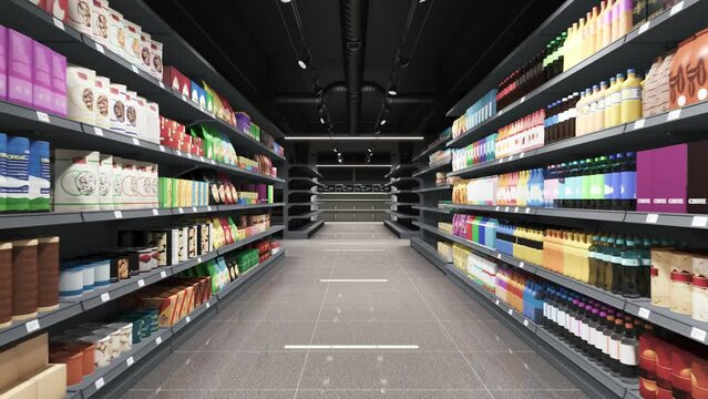 The supermarket is filled with groceries. Supermarket shelves 3d animation. Full Supermarket shelves. The camera moves forward along the grocery shelves in the supermarket. 