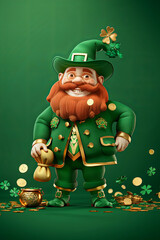 Leprechaun with gold coins and pot of gold on a green background. St. Patrick's Day.