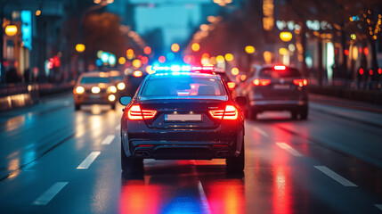 Police car chase in downtown at night. Lights flashing.