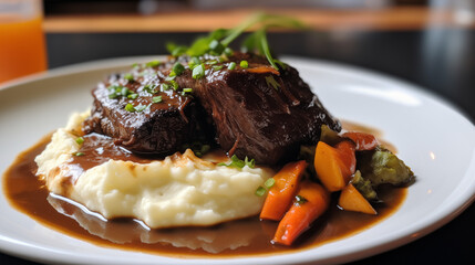 Braised beef short ribs on mashed potatoes