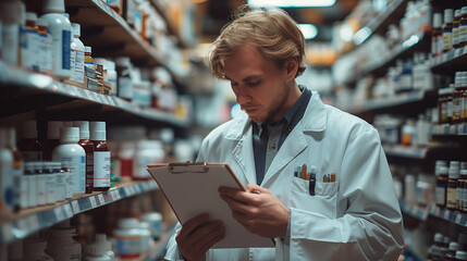A pharmacist is reviewing products on a clipboard at a retail pharmacy