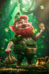 Leprechaun with gold coins and clover. St. Patrick's Day.