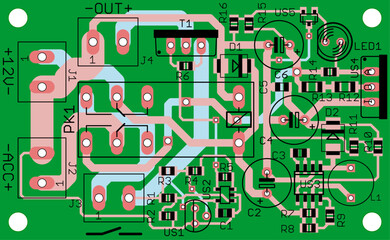 Vector printed circuit board of electronic 
device with components of radio elements, 
conductors and contact pads placed on it. 
Engineering technical drawing. Pcb template.
Electric background.