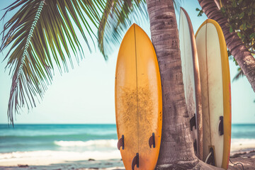 Surfboards in contrast on the beach and palm tree 