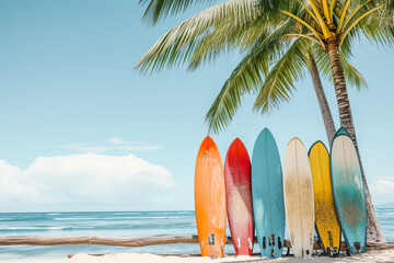 Surfboards in contrast on the beach and palm trees 