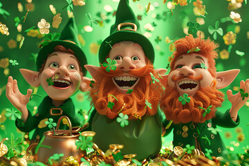 Three leprechauns with a bag of gold coins on green background. St. Patrick's Day.