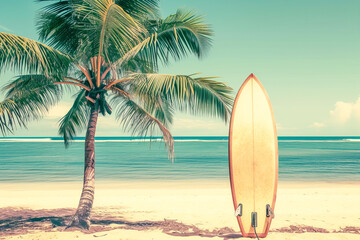 Surfboard  in contrast on the beach and palm tree 