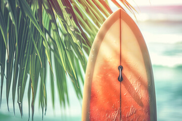 Surfboard in contrast on the beach and palm tree 