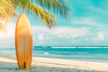 Surfboard  in contrast on the beach and palm tree 