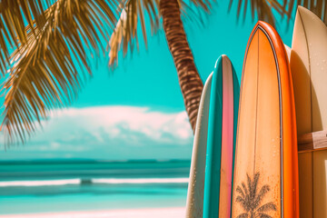 Surfboards in contrast on the beach and palm trees 