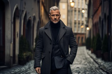 Confident man in a stylish charcoal pea coat exploring the cultural richness of a European town on a brisk fall evening