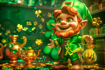 Leprechaun with gold coins and clover. St. Patrick's Day.
