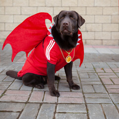 Labrador retriever dog in a dragon costume with red wings. 