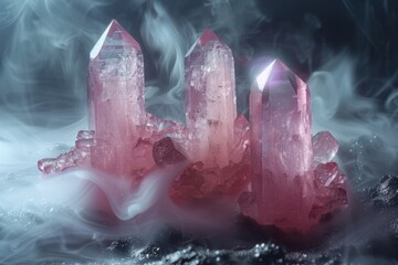 Crystals of Rose Quartz - healing stone, symbol of unconditional love. Esoteric, spiritual, mystical  - obrazy, fototapety, plakaty