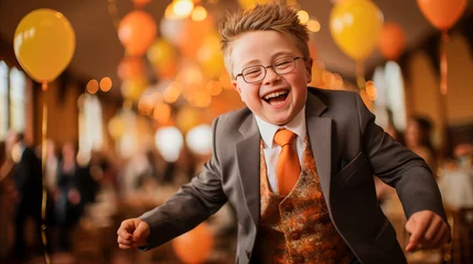 Fotobehang Portrait of a boy with down syndrome at a party © zebronit