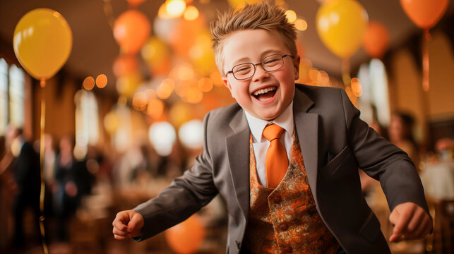 Portrait of a boy with down syndrome at a party