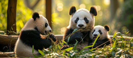Cute playful panda bears enjoying and frolicking in their natural habitat