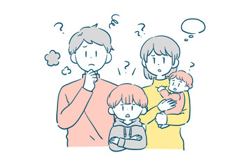 困っている4人家族のイラスト