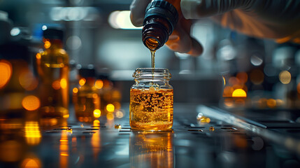 Pouring amber liquid from a pipette into a glass bottle