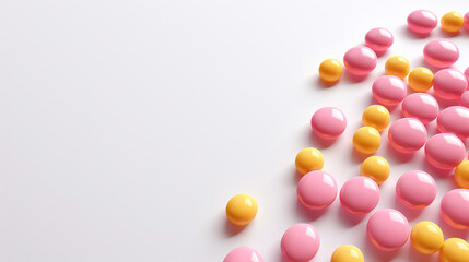 Yellow and pink pills on white background. Top view with copy space 