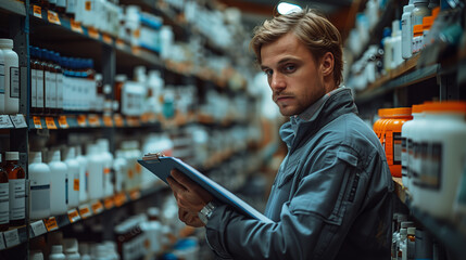 Customer browsing tablet on shelf in city retail pharmacy - obrazy, fototapety, plakaty