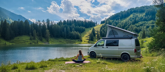 un van de camping garé à côté d'un lac, et une femme qui fait du yoga à côté - obrazy, fototapety, plakaty