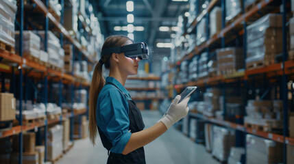Female worker interacting with augmented reality technology on her tablet while conducting inventory in a high-tech warehouse, illustrating the integration of advanced tools in industrial settings - obrazy, fototapety, plakaty