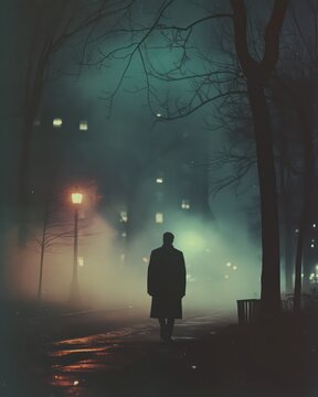 Fototapeta a glowing male silhouette figure in New York fog realistic film photo shot using canon A1 on a kodak 800 film film photography nightscape foggy