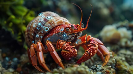 a red hermit crab with an exoskeleton shell that has wires and tecnological buttons