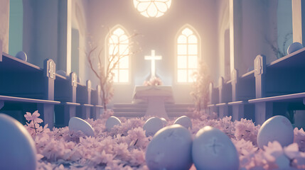 Easter eggs in the church in the morning sunrays in front of holy cross. Easter prayer services Poster banner with copyspace. - obrazy, fototapety, plakaty