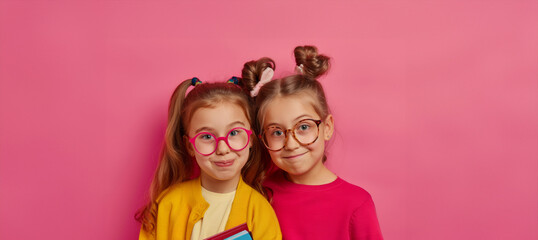 Schoolgirl girls in glasses on a pink background look at the camera. Banner with place for test. End of school, start of vacation. Start of school. Back to school. Bright clothes on girls