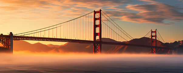 Fototapeta na wymiar Like Golden Gate Bridge and Bay area in California, mist underneath bridge.banner