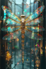 artic dragonfly on cityscape, abstract illustration, fantasy, in the style of vray tracing, gold and cyan, machine aesthetics, unreal engine 5, detailed miniatures, shiny eyes