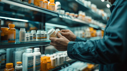 A customer is examining a bottle of pills on a shelf in a pharmacy - obrazy, fototapety, plakaty