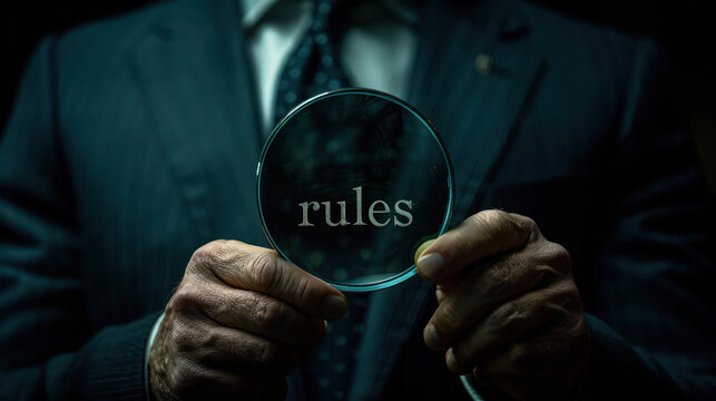 A close-up illustration of a business man in a nice modern suit and at the level of a tie holding up a magnifying glass that symbolically magnifies, as written in the picture, the rules of the game