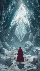 inside a giant crystal cave a liitle Red riding hood exploring hyper realistic