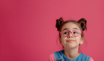 Schoolgirl girl in glasses on a pink background look at the camera. Banner with place for test. End of school, start of vacation. Start of school. Back to school. Bright clothes on girl.