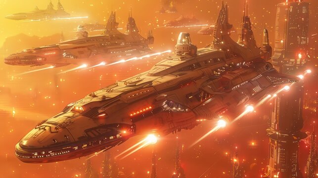 spaceships racing in the style of capturing moments light red and yellow fish eye lens adrian donoghue narrative driven visual storytelling traditional vietnamese detailed crowd scenes