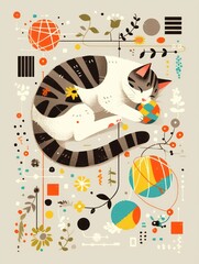 very cute cat playing with ball of yarn American mid century flat vector design colorful minimalist