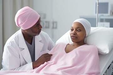 Obraz premium Oncologist in pink scrub cap comforting a female cancer patient in clinic. Compassionate Oncologist with Cancer Patient