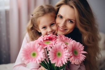 Mother and Daughter Sharing a Joyful Moment with Pink Gerberas