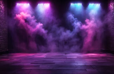 Keuken spatwand met foto empty room with neon lights and smoke stage with colorful spotlights © eman
