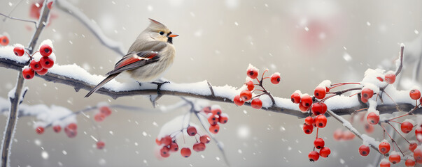 Close up photo of bird sitting on branch with red berries in snow. Whistler, waxwing on a ashberry, hawthorn berries, rowan tree branch in cold frost. Wintering of non-migratory birds concept. - obrazy, fototapety, plakaty