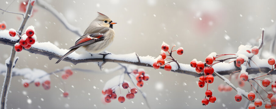 Close up photo of bird sitting on branch with red berries in snow. Whistler, waxwing on a ashberry, hawthorn berries, rowan tree branch in cold frost. Wintering of non-migratory birds concept.