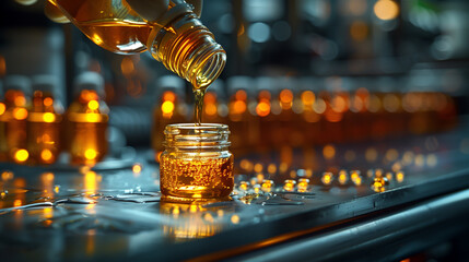 Amber liquid being poured into small glass jar from whiskey bottle