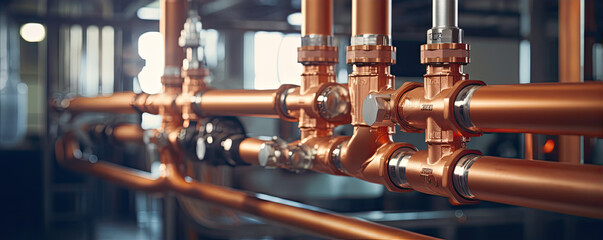 Plumbing copper metal. pipeline copper for heating system. - obrazy, fototapety, plakaty