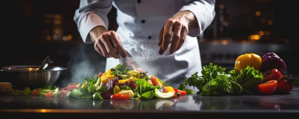 Fotobehang Chef cooking vegetable plate in kitchen. Hands of chef close up preparing health food. © Alena