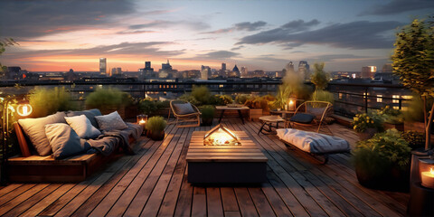 A modern city rooftop terrace at sunset with a wooden deck, comfortable seating, fire pit and lots of plants.